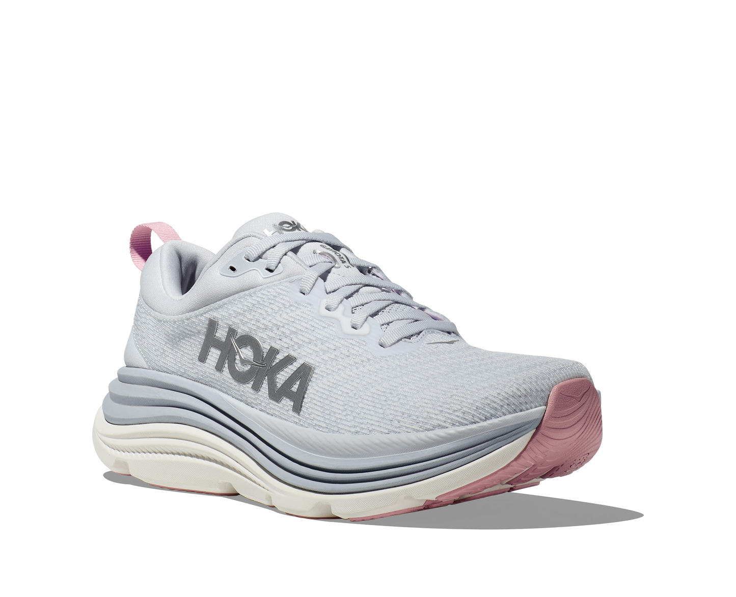 Hoka Gaviota 5 Wide i dammodell. Här i grått och vitt med små rosa detaljer. Hos Hoka specialisterna i Sverige.