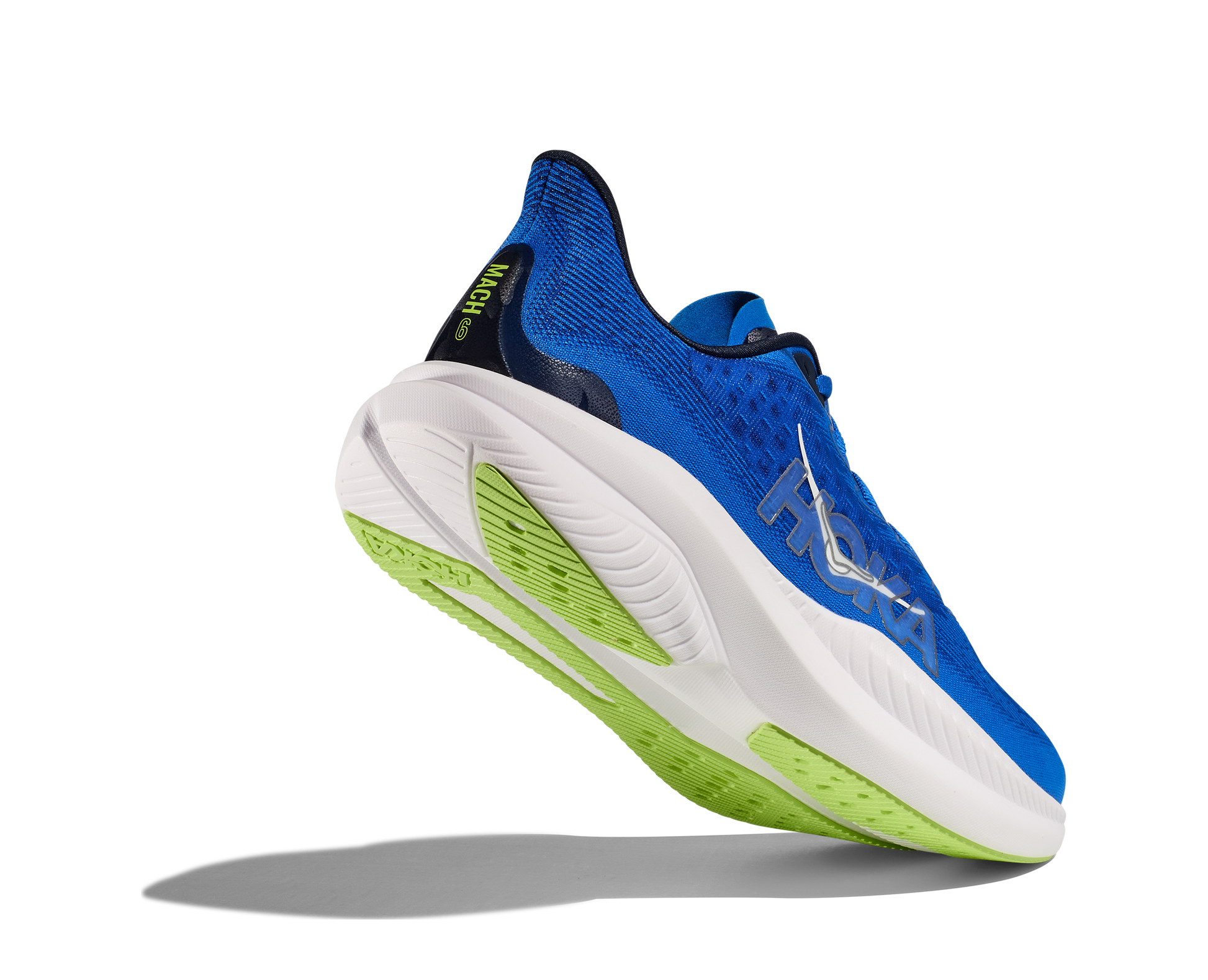 Hoka M Mach 6 ECC - En snabb löparsko med skön dämpning. Blå/Vitt med gröna detaljer.