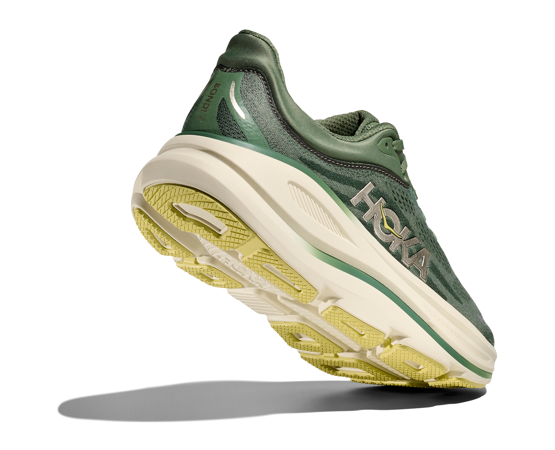 dämpad herrsko. Perfekt för en mjuk och skonsam löpning. Även en super bra arbetssko som avlastar kroppen under hela dagen.  Här i grön nyans med beige sula och gula detaljer.  Köp hos dina Hoka specialister i Sverige idag!