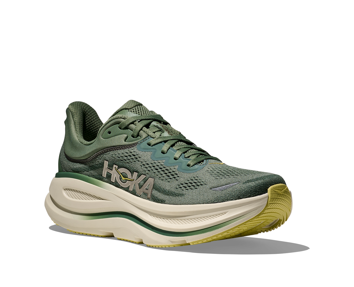 dämpad herrsko. Perfekt för en mjuk och skonsam löpning. Även en super bra arbetssko som avlastar kroppen under hela dagen.  Här i grön nyans med beige sula och gula detaljer.  Köp hos dina Hoka specialister i Sverige idag!