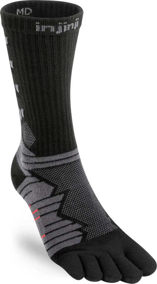 Svarta höga löparstrumpor med grått mönster och röda detaljer. Logotyp längst upp på skaftet. Separerade tår för att undvika hud-mot-hud friktion