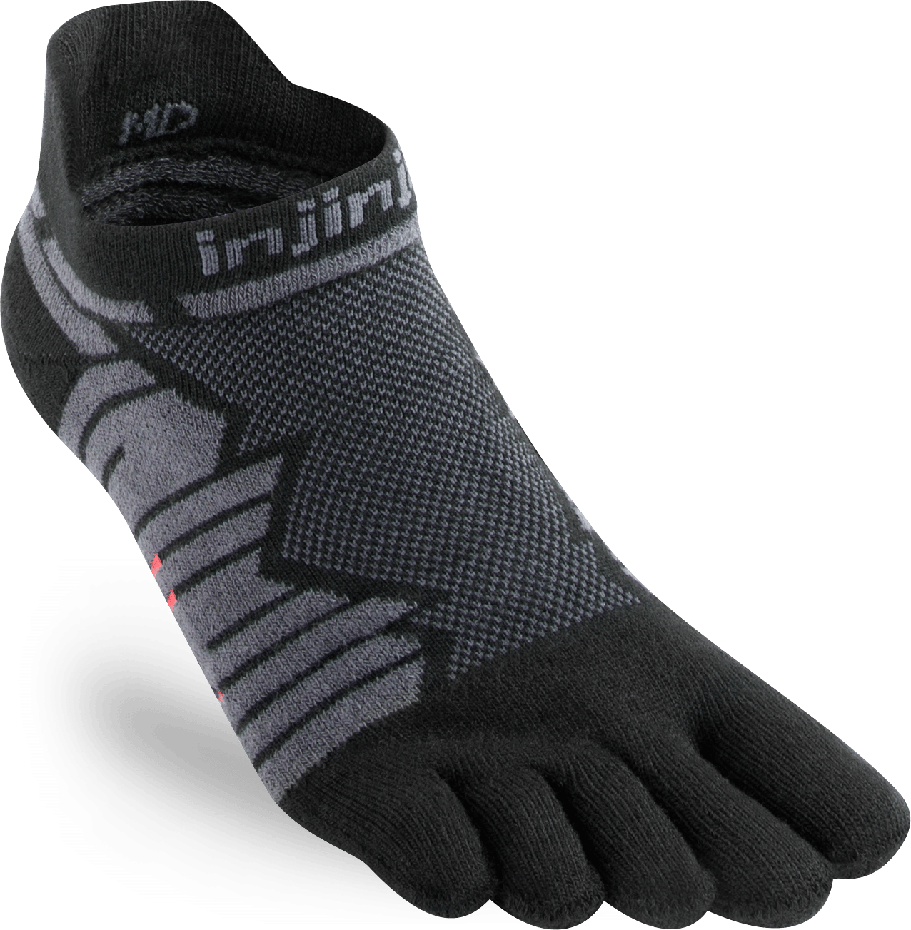 Svarta låga löparstrumpor med grått mönster och röda detaljer. Logotyp på framsidan av ankeln. Separerade tår för att undvika hud-mot-hud friktion