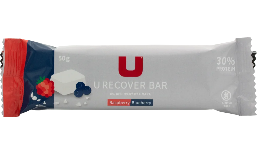UMARA U Recover Proteinbar Raspberry / Blueberry. Återhätmningsbar som passar utmärkt som mellanmål. Smak av vit choklad