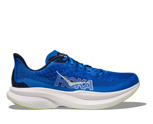 Hoka M Mach 6 ECC - En snabb löparsko med skön dämpning. Blå/Vitt med gröna detaljer. 