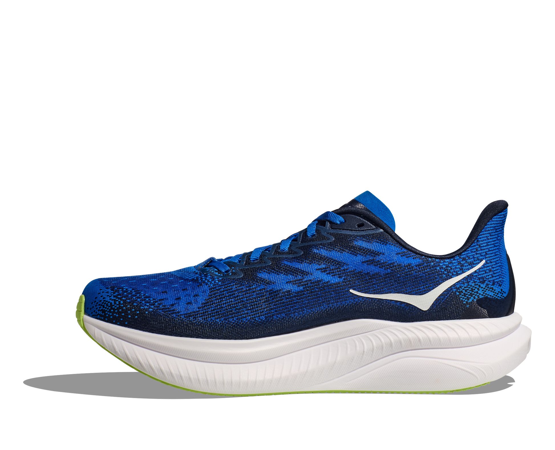 Hoka M Mach 6 ECC - En snabb löparsko med skön dämpning. Blå/Vitt med gröna detaljer. 