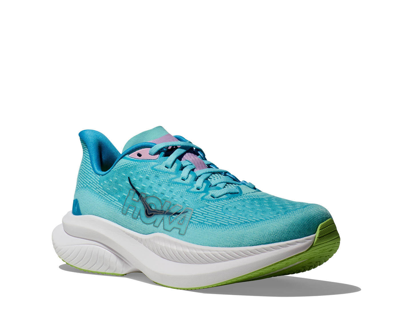 Hoka W Mach 6 (CSSW) - En snabb löparsko med skön dämpning. Blå/Vitt färg med lila och gröna detaljer.