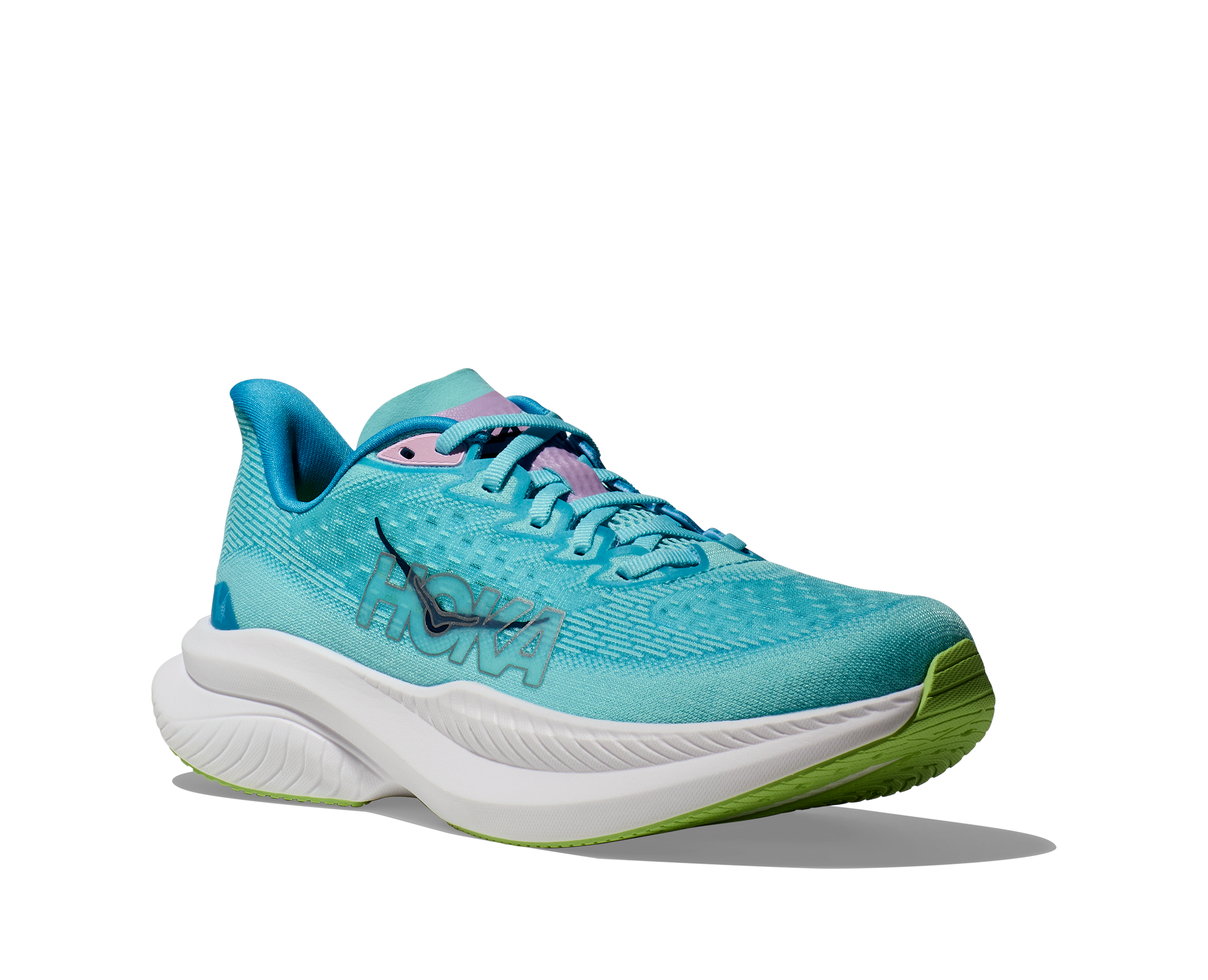Hoka W Mach 6 (CSSW) - En snabb löparsko med skön dämpning. Blå/Vitt färg med lila och gröna detaljer.