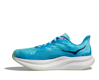 Hoka W Mach 6 (CSSW) - En snabb löparsko med skön dämpning. Blå/Vitt färg med lila och gröna detaljer. 