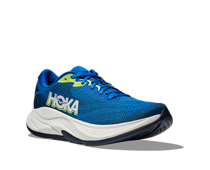Hoka M Rincon 4 - En fjäderlätt sko med fantastisk dämpning men det slutar inte där. Denna sko är även otroligt responsiv. Denna sko är blå och vit med lime gröna detaljer.