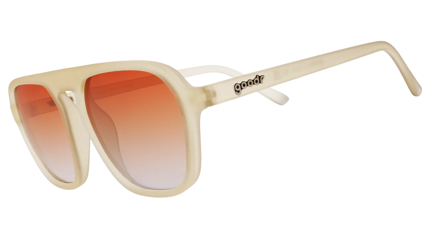 goodr Impromptu Disco Nap. Solglasögon designade för en mellanstor passform och lagom stora för de flesta ansikten. Klassiska fyrkantiga aviator-bågar i transparent grå/beige med orangea glas. Polariserade linser och specialgreppbeläggning som förhindrar att glasögonen glider. 