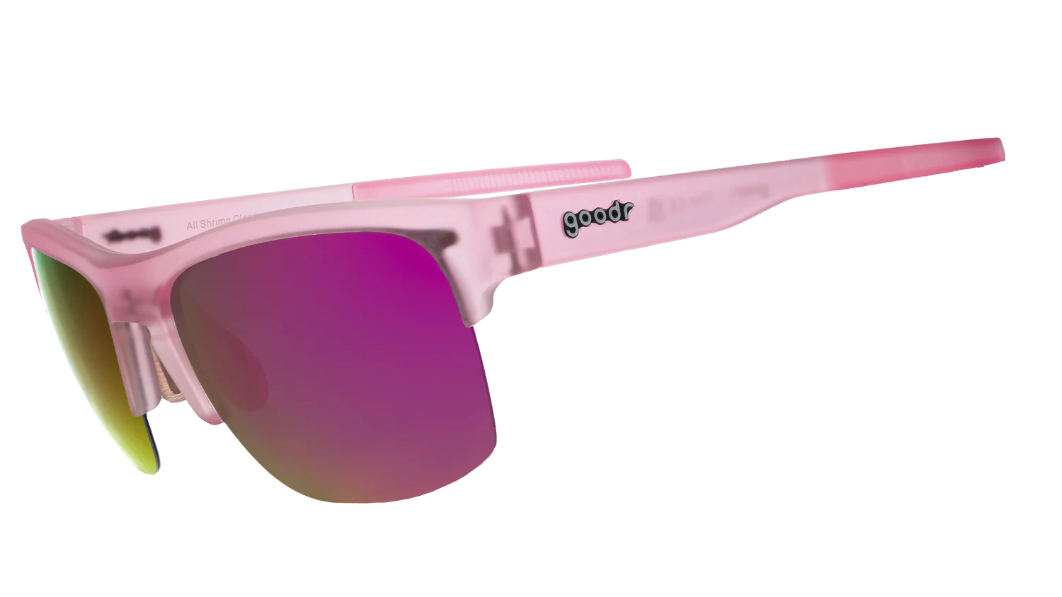 goodr All Shrimp Cleanse. Sportiga träningssolglasögon i en genomskinlig rosa design med halvbågsram och spegelreflekterande polariserande linser.