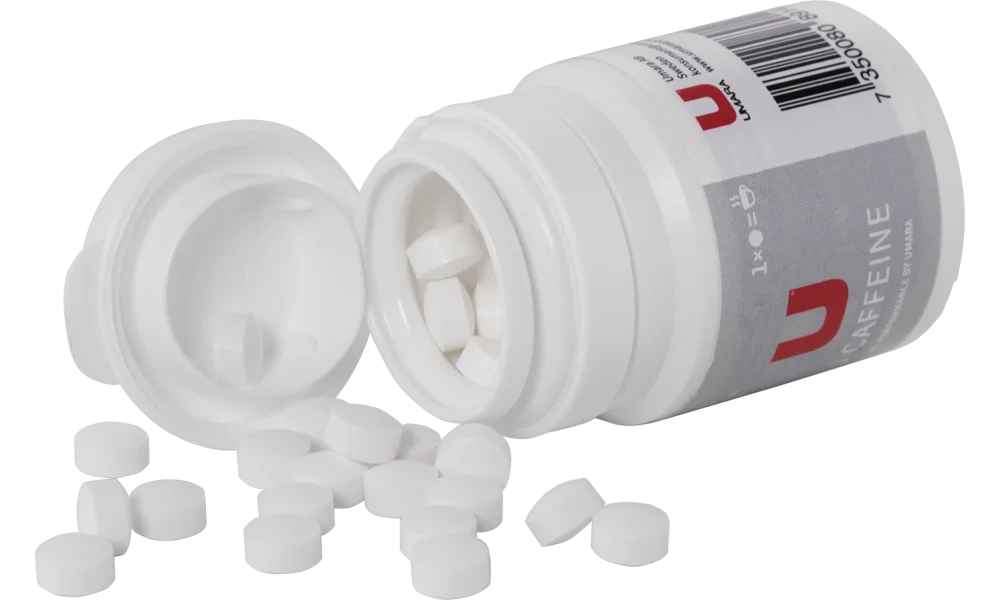 Umara U Caffeine tabletter. Koffeintabletter som ger 50mg per tablett. Burken innehåller 100st tabletter.