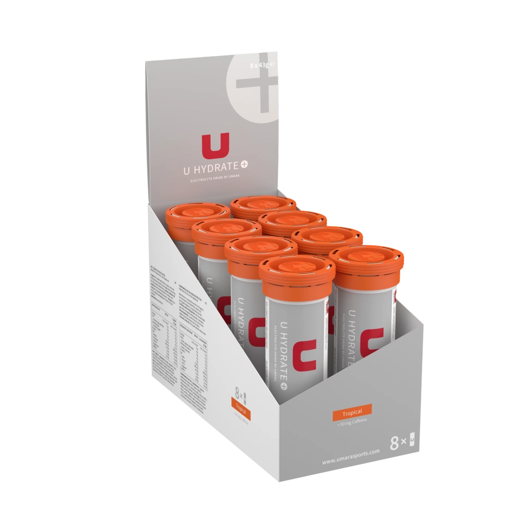 UMARA U Hydrate Tropisk. Effektiv vätskeersättare med koffein. Smak av tropisk frukt.